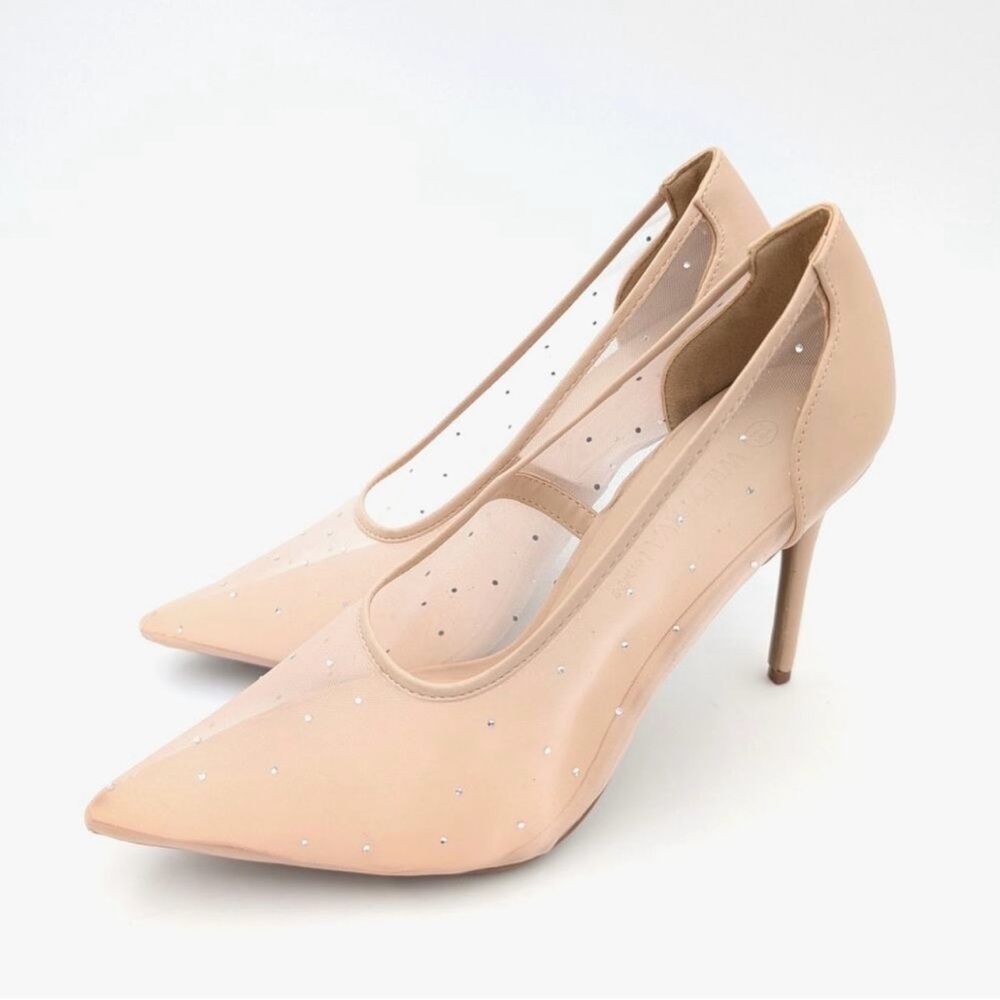 New Wild Diva Lounge Rhinestone Mesh Heel Pumps Women's Sand Size US7.0